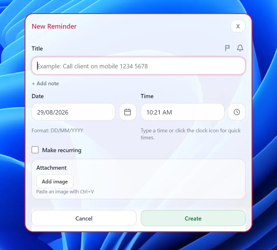 Winka new reminder window